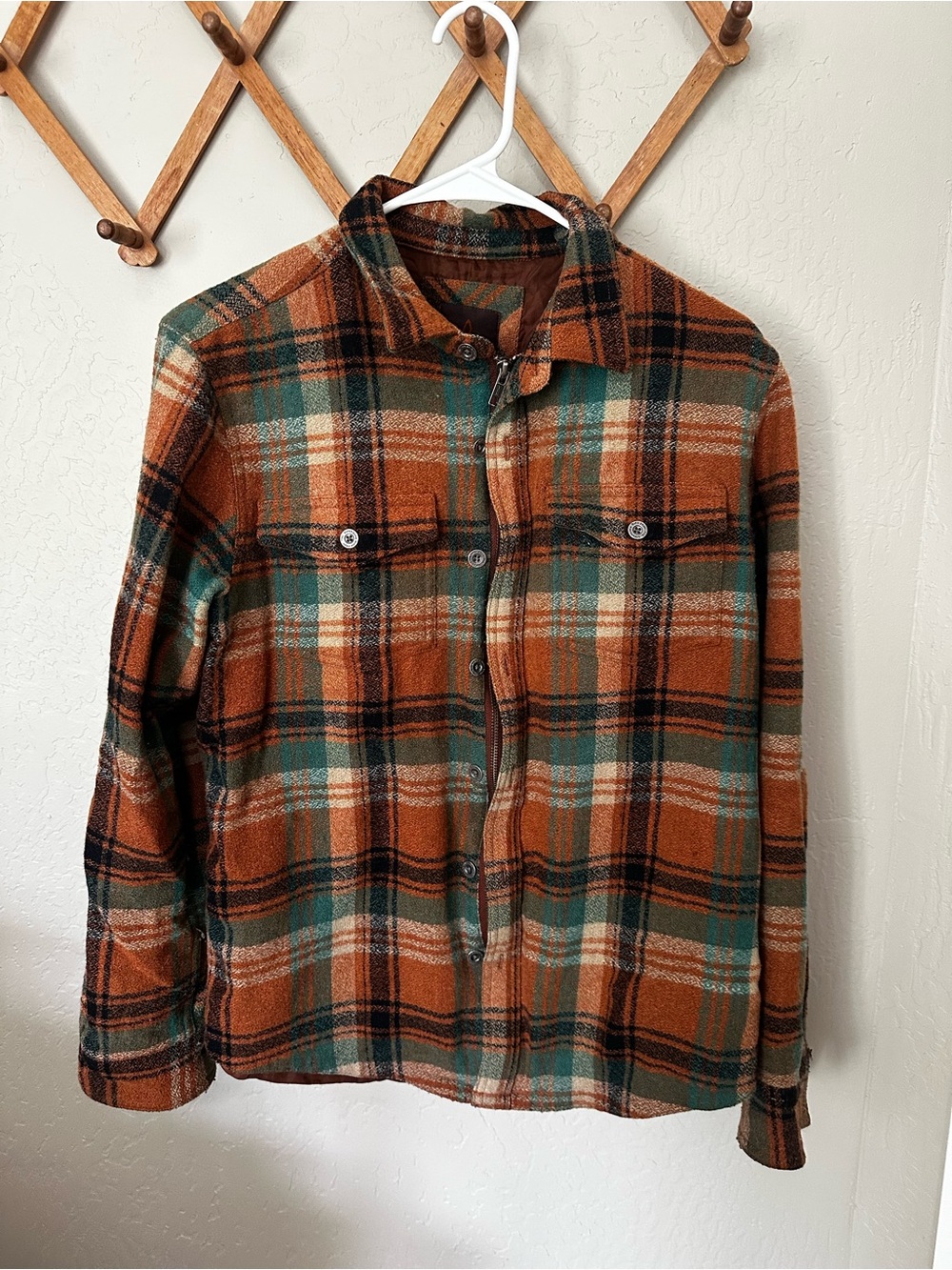 Prana Orange and Green Plaid Button-Up Shirt Jacket